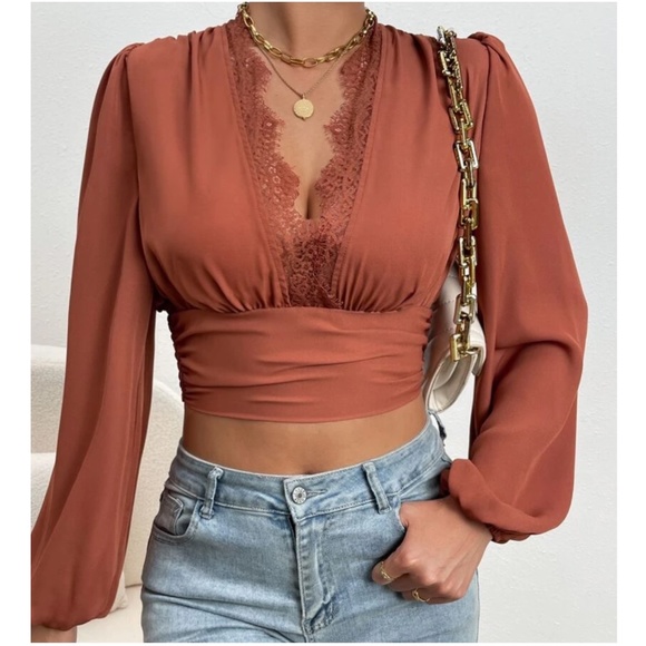 Plunging Neck Lace Bishop Long Sleeve Lace Cropped top - Picture 3 of 10